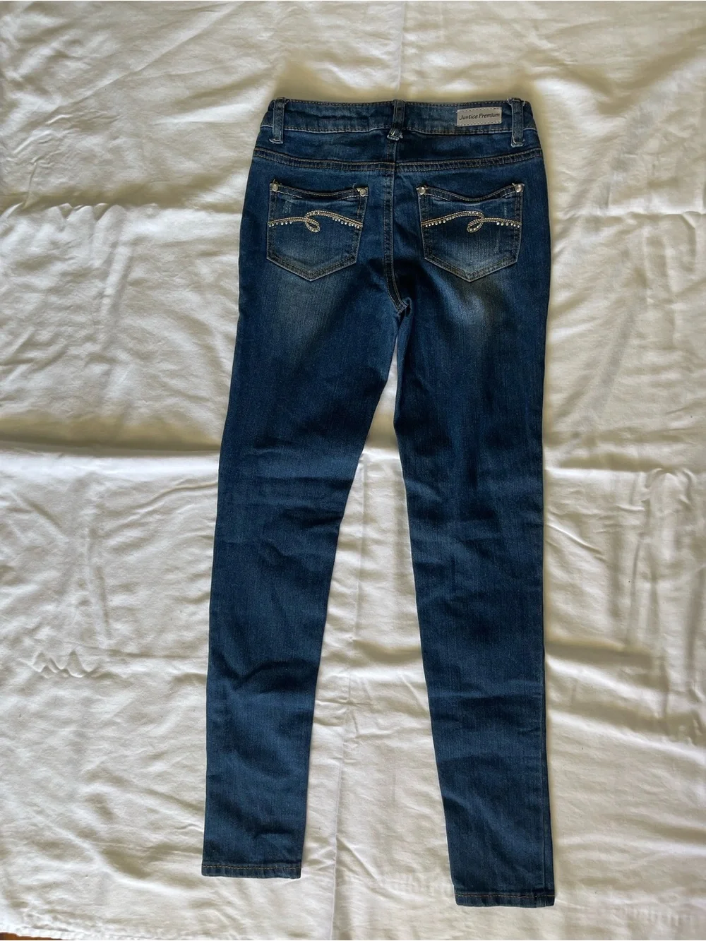 Justice Dark Blue‎ Skinny Jeans with Blue Floral Embellishments